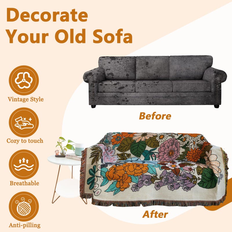 DREAMINGO Farmhouse Couch Cover Living Room Furniture Protector Floral Sofa Covers for 3 Cushion Couch Multi-Functional Couch Cover Blanket Washable Sofa Slipcovers for Sectional Couch, 71"x134" - Image 4
