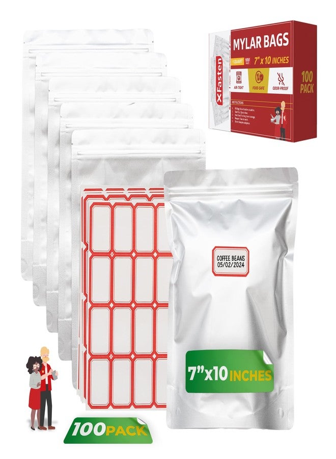 XFasten Resealable Mylar Bags for Food Storage with 112 Labels 1 Quart 7" x 10" (100-Pack) Resealable Bags for Small Business Resealable Mylar Bag for Food Preservation, Sealable Bags for Packaging - Image 1