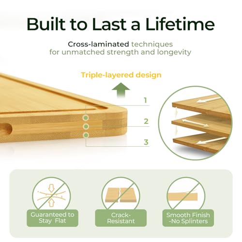 Keechee Wood Cutting Board for Kitchen - Reversible Bamboo Cutting Boards Gift Set of 3 with Juice Groove, Wooden Chopping Board for Meat, Fruit, Vegetables & Cheese (Pre Oiled, Natural) - Image 2