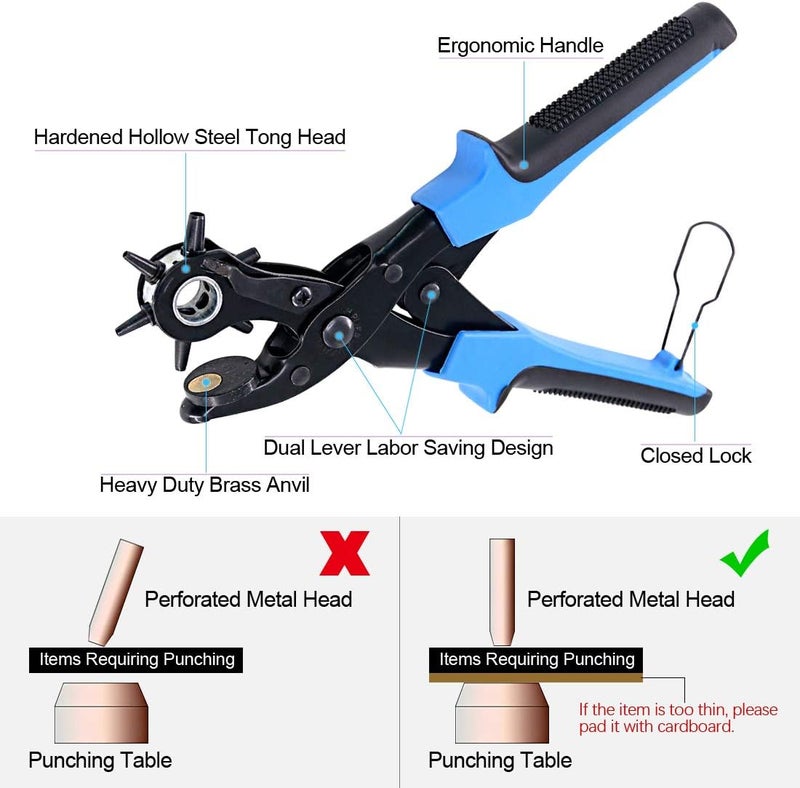 Swpeet 8Pcs Leather Hole Punch Plier with Grommet Eyelets Kit, Professional Puncher including Punch Plier Screwdriver, Scissors, Rule, Awl Tool and Grinding Rod Multi Sized Puncher for Belts, Crafts - Image 4