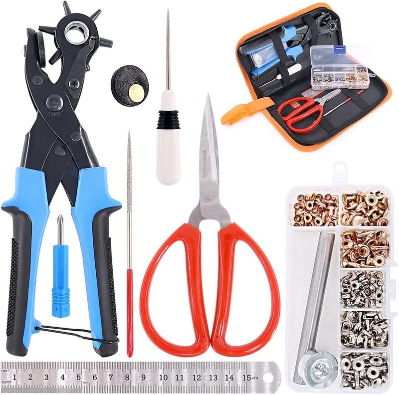 Swpeet 8Pcs Leather Hole Punch Plier with Grommet Eyelets Kit, Professional Puncher including Punch Plier Screwdriver, Scissors, Rule, Awl Tool and Grinding Rod Multi Sized Puncher for Belts, Crafts - Image 1