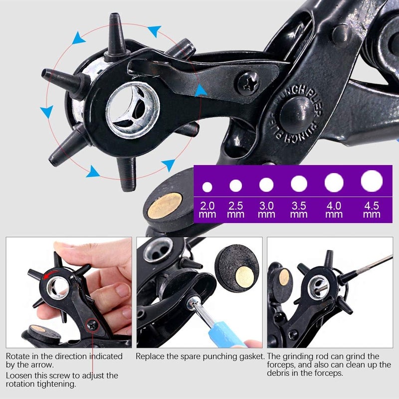Swpeet 8Pcs Leather Hole Punch Plier with Grommet Eyelets Kit, Professional Puncher including Punch Plier Screwdriver, Scissors, Rule, Awl Tool and Grinding Rod Multi Sized Puncher for Belts, Crafts - Image 5