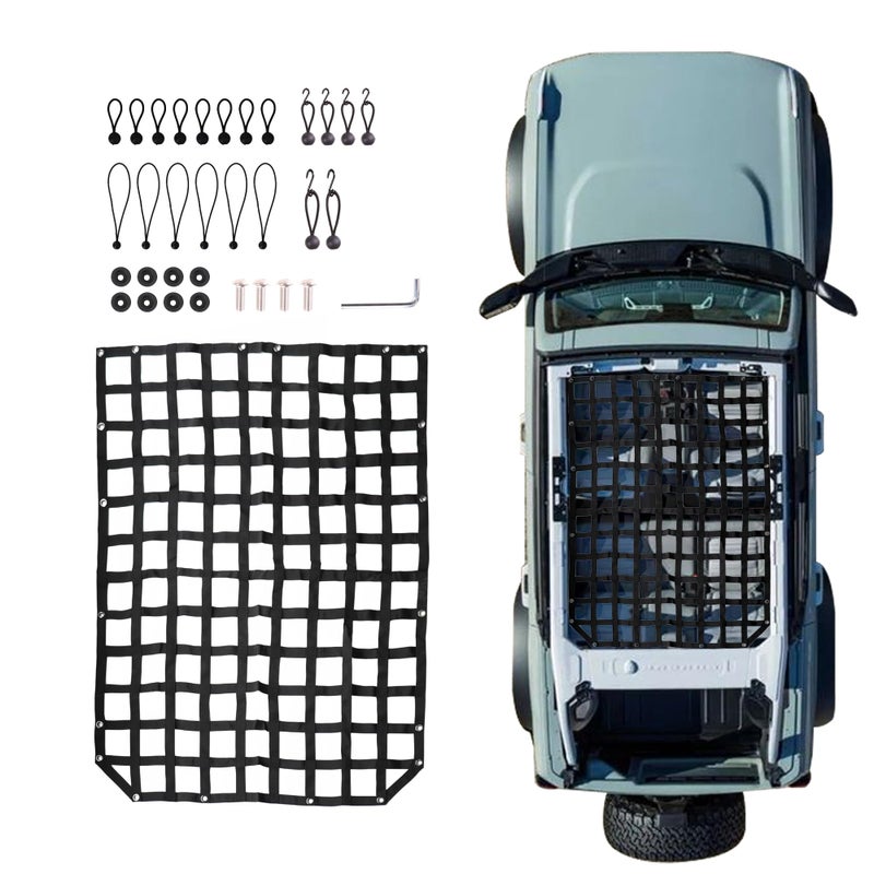 RERPRO Roof Hammock Compatible with 2021 2022 2023 2024 2025 Ford Bronco 6th Gen 4 Door Mesh Cargo Net Roof Bimini Top Hammock Exterior Decoration Accessories Hard Top Webbing Soft Top Netting Black