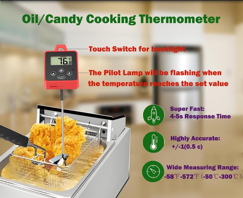 Efeng Digital Candy Thermometer with Pot Clip,Alarm Function,10'' Long Probe,Rotatable Display, Programmable Instant Read Food Candy Thermometer for Candy Making,Candle Smoker, Oil Cooking - Image 4