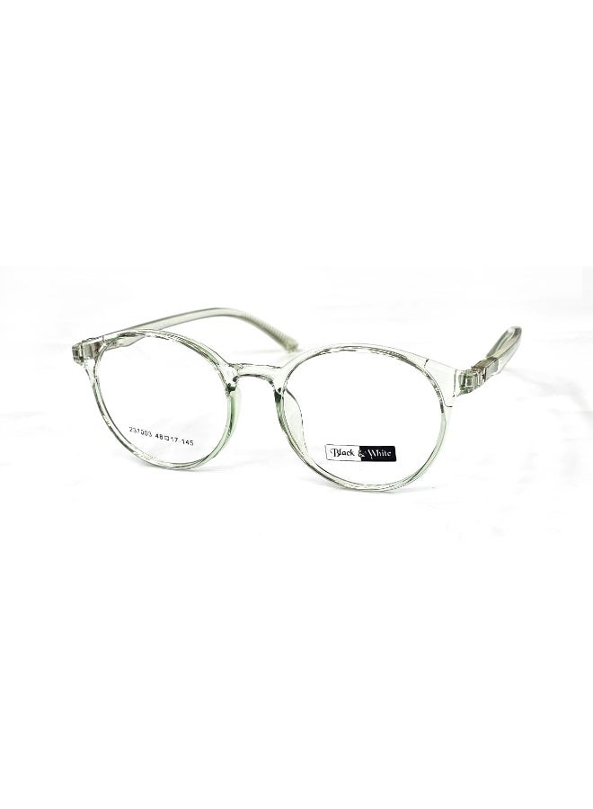 Stylish unisex eyeglasses featuring a round full-rim frame in fresh light transparent green. Made from lightweight and durable TR material, with 180° flexible hinges that provide comfort and long-lasting use. Ideal for daily wear and supports both prescription and blue-light blocking lenses.