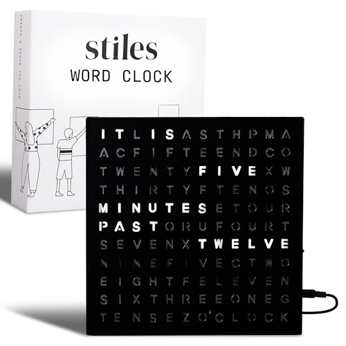 Stiles Word Clock, 8" by 8" Modern LED Desk Clock with USB Cable, Aluminum, Unique with Words, Contemporary, Living Room, Bedroom, Home, or Office Lightup Decor, Gift Item, Black - Image 1