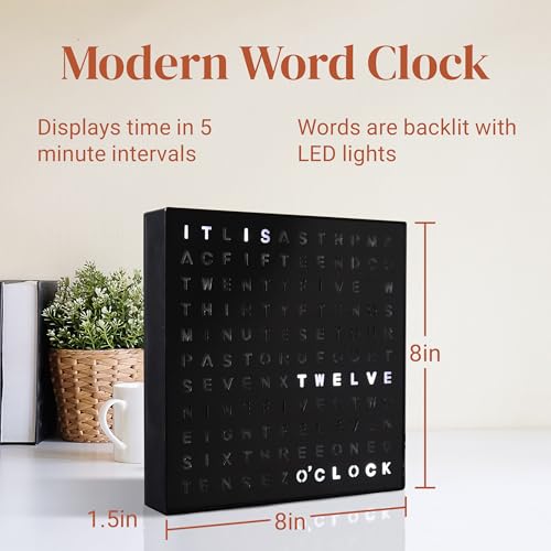 Stiles Word Clock, 8" by 8" Modern LED Desk Clock with USB Cable, Aluminum, Unique with Words, Contemporary, Living Room, Bedroom, Home, or Office Lightup Decor, Gift Item, Black - Image 3