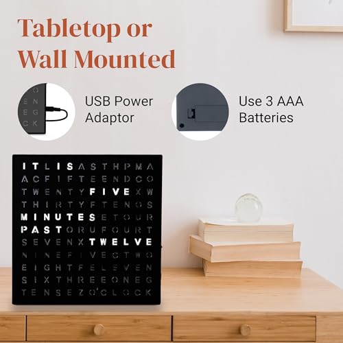Stiles Word Clock, 8" by 8" Modern LED Desk Clock with USB Cable, Aluminum, Unique with Words, Contemporary, Living Room, Bedroom, Home, or Office Lightup Decor, Gift Item, Black - Image 4