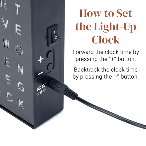 Stiles Word Clock, 8" by 8" Modern LED Desk Clock with USB Cable, Aluminum, Unique with Words, Contemporary, Living Room, Bedroom, Home, or Office Lightup Decor, Gift Item, Black - Image 5