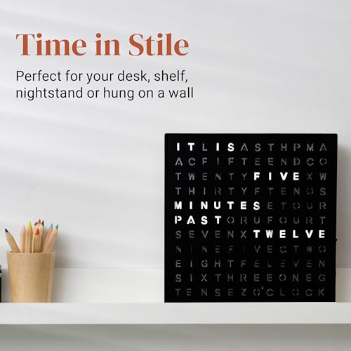 Stiles Word Clock, 8" by 8" Modern LED Desk Clock with USB Cable, Aluminum, Unique with Words, Contemporary, Living Room, Bedroom, Home, or Office Lightup Decor, Gift Item, Black - Image 2