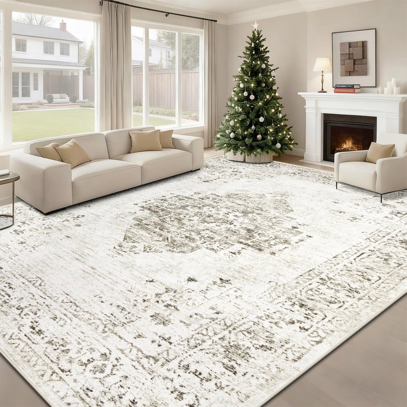 TENGTENGLINK 8x10 Area Rugs for Living Room: Washable Vintage Large Retro Rug Soft Non-Slip Indoor Low Pile Carpet for Bedroom Dining Room Office (Taupe, 8' x 10') - Image 1