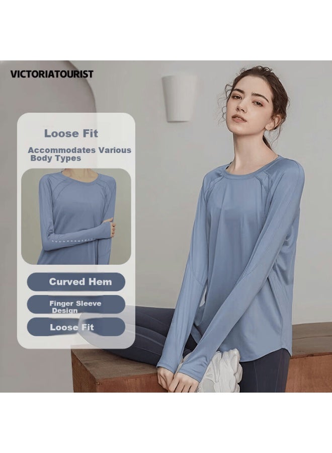 Victoriatourist Women's Loose Breathable Yoga Top, Running Fitness Yoga T-shirt, Slimming Long-sleeve Cover-up, Letter Blue XL - Image 1