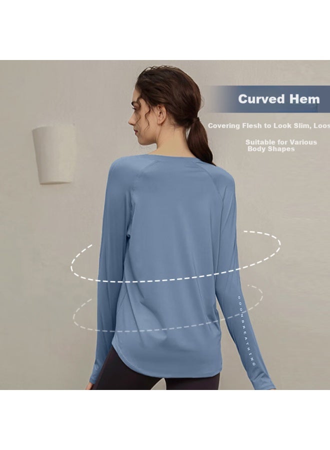 Victoriatourist Women's Loose Breathable Yoga Top, Running Fitness Yoga T-shirt, Slimming Long-sleeve Cover-up, Letter Blue XL - Image 3