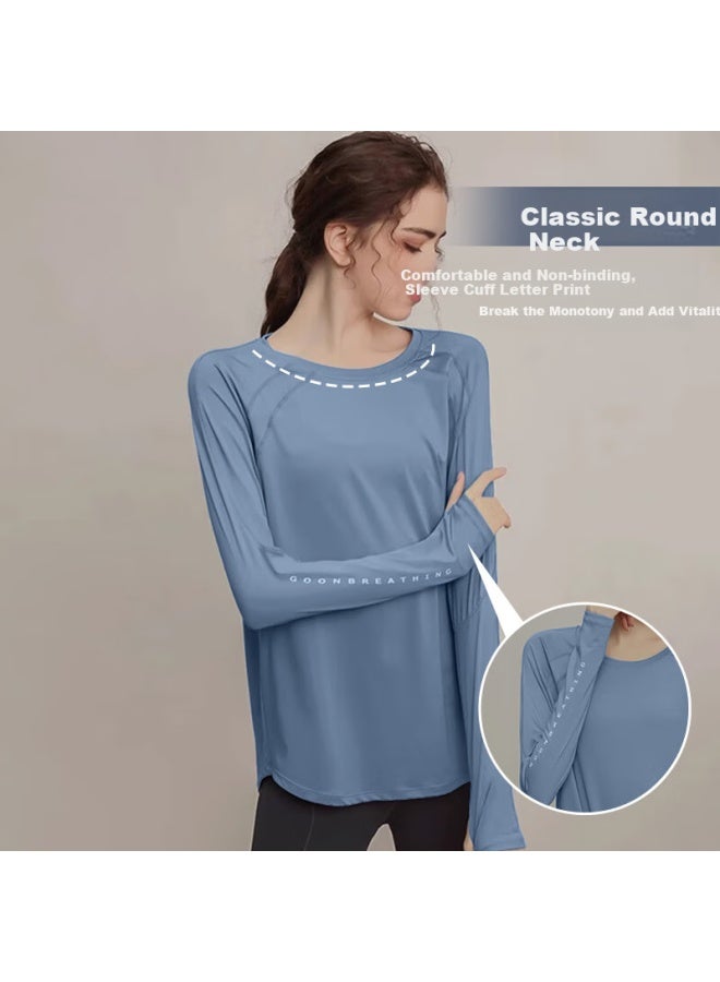 Victoriatourist Women's Loose Breathable Yoga Top, Running Fitness Yoga T-shirt, Slimming Long-sleeve Cover-up, Letter Blue XL - Image 2