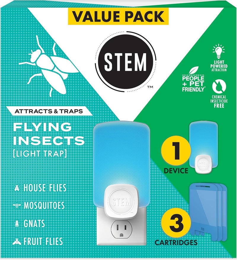 STEM STEM Light Trap Indoor Fruit Fly Trap Effective Insect Control for Home Attracts and Traps Flying Insects Emits Soft Blue Light Starter Kit with 1 Plugin Device and 3 Cartridges - Image 1