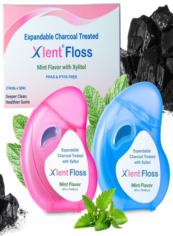 Xlent خيط تنظيف الأسنان إكسلنت القابل للتمدد - 50 متر، خيط تنظيف أسنان قابل للتمدد بالفحم النشط مع إكسيليتول - بنكهة النعناع - خالٍ من PFAS وPTFE - شمع نباتي طبيعي - عبوة من قطعتين - Image 1