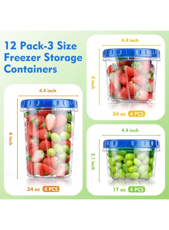 BiuLeon 12 Pack- 34/24/17oz Freezer Storage Containers, Plastic Food Storage Containers with Twist Top Lids, BPA Free and Reusable Soup Containers with Lids, Leakproof/Microwave/Dishwasher Safe - Image 2