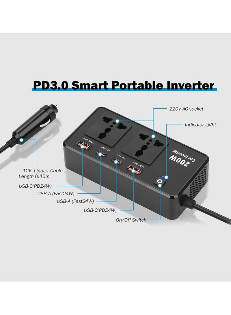 TIGER 200W Car Power Inverter – DC 12V to AC 220V Converter with USB-C Fast Charging Port & Dual USB Outputs – Portable Power Adapter for Laptops, Smartphones, Tablets & Other Electronic Devices - Image 3