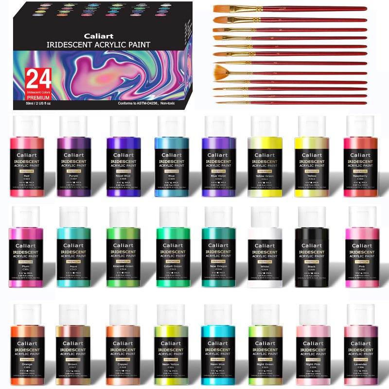 Caliart Acrylic Paint Set With 12 Brushes, 24 Colors (59ml, 2oz) Art Craft Paints for Adults Artists Beginners Painters, Canvas Halloween Pumpkin Ceramic Wood Rock Painting Art Supplies (Metallic) - Image 1