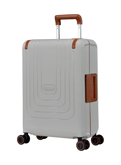 eminent Vertica Hard Case Travel Bag Cabin Luggage Trolley Polypropylene Lightweight Suitcase 4 Quiet Double Spinner Wheels With TSA Lock B0006 Off White Brown Trim