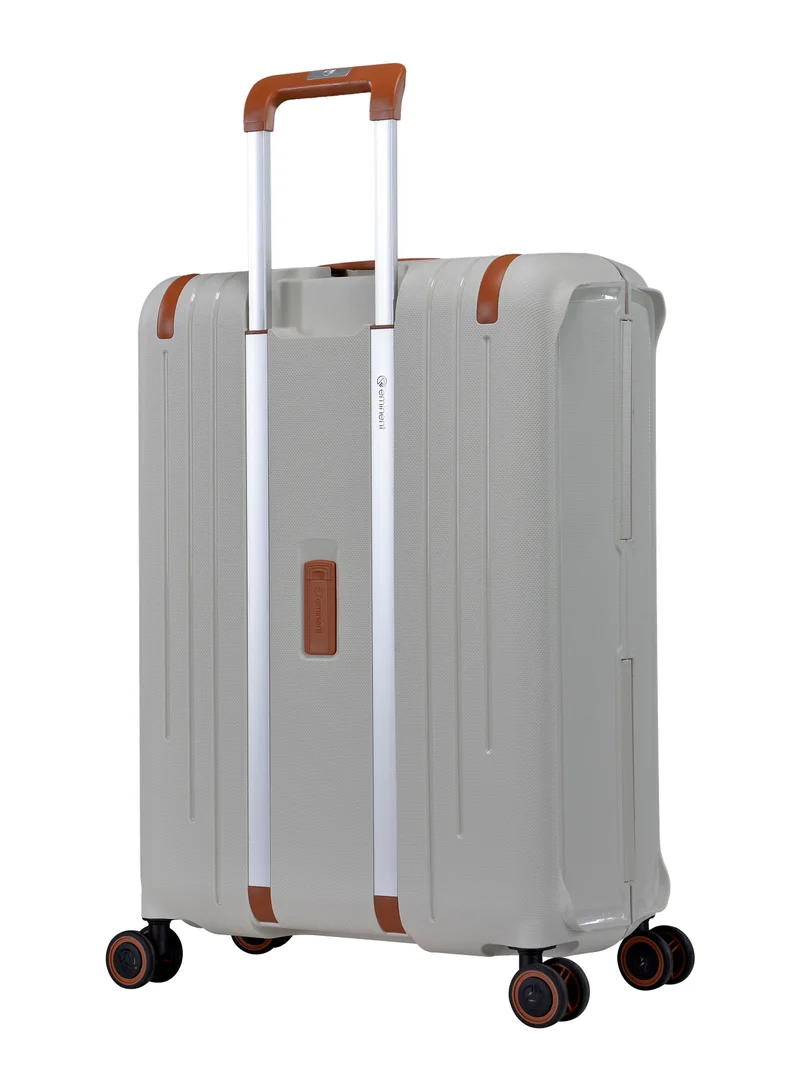 eminent Vertica Hard Case Travel Bag Cabin Luggage Trolley Polypropylene Lightweight Suitcase 4 Quiet Double Spinner Wheels With TSA Lock B0006 Off White Brown Trim