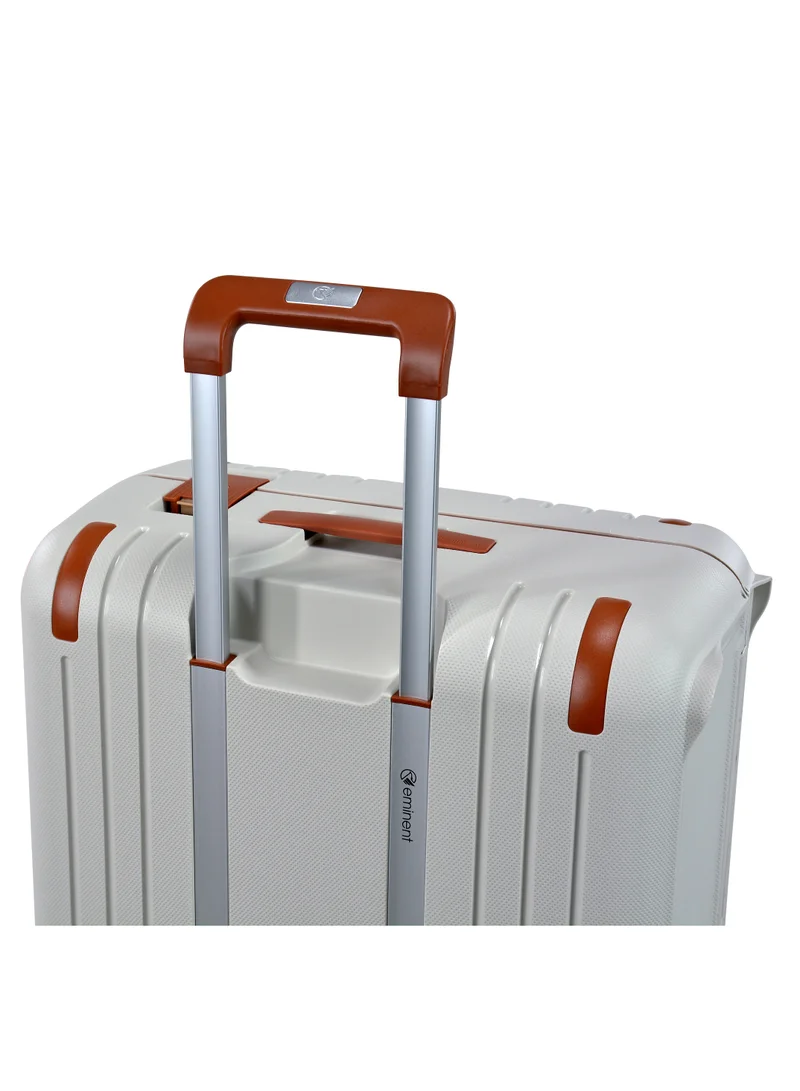 eminent Vertica Hard Case Travel Bag Cabin Luggage Trolley Polypropylene Lightweight Suitcase 4 Quiet Double Spinner Wheels With TSA Lock B0006 Off White Brown Trim