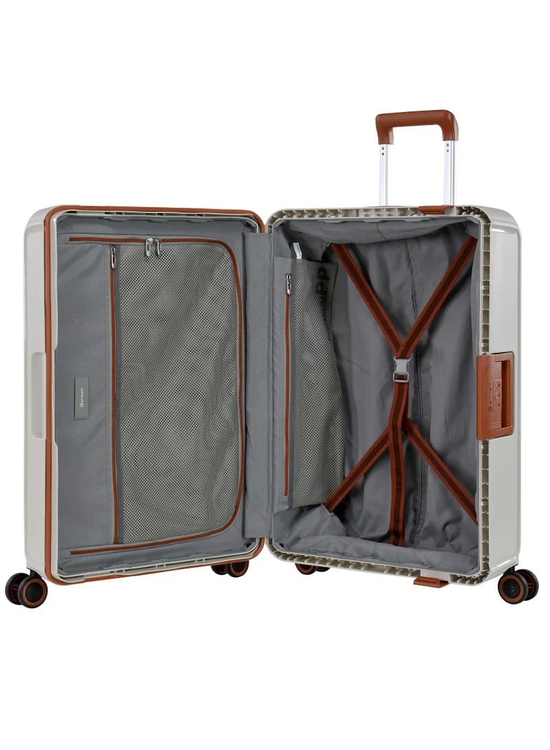 eminent Vertica Hard Case Travel Bag Cabin Luggage Trolley Polypropylene Lightweight Suitcase 4 Quiet Double Spinner Wheels With TSA Lock B0006 Off White Brown Trim