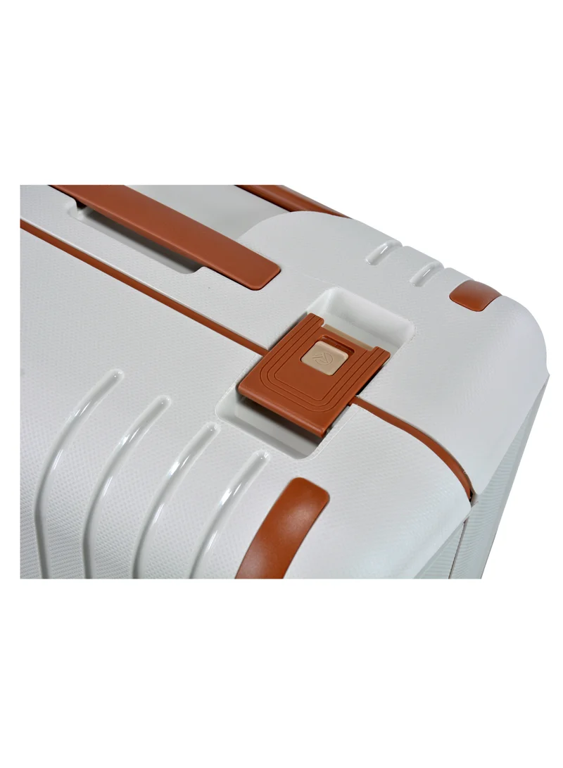 eminent Vertica Hard Case Travel Bag Cabin Luggage Trolley Polypropylene Lightweight Suitcase 4 Quiet Double Spinner Wheels With TSA Lock B0006 Off White Brown Trim