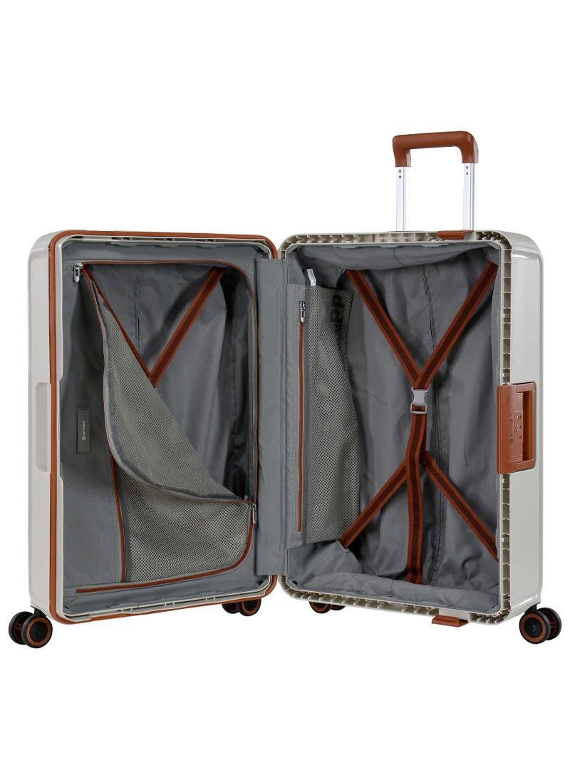 eminent Vertica Hard Case Travel Bag Cabin Luggage Trolley Polypropylene Lightweight Suitcase 4 Quiet Double Spinner Wheels With TSA Lock B0006 Off White Brown Trim