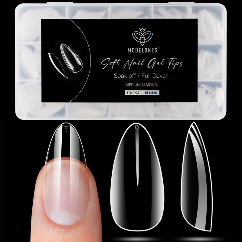 Modelones Medium Almond Nail Tips 510Pcs Clear False Acrylic Almond Press on Nails Pre-shape Full Cover Fake Extension DIY at Home 15 Sizes - Image 1