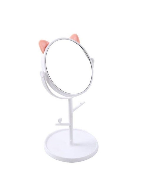 Cute Rotatable Makeup Mirror With Cat Earsshaped Decor Standing Desktop Oneway Mirror With Organizer Beauty Tool (White)