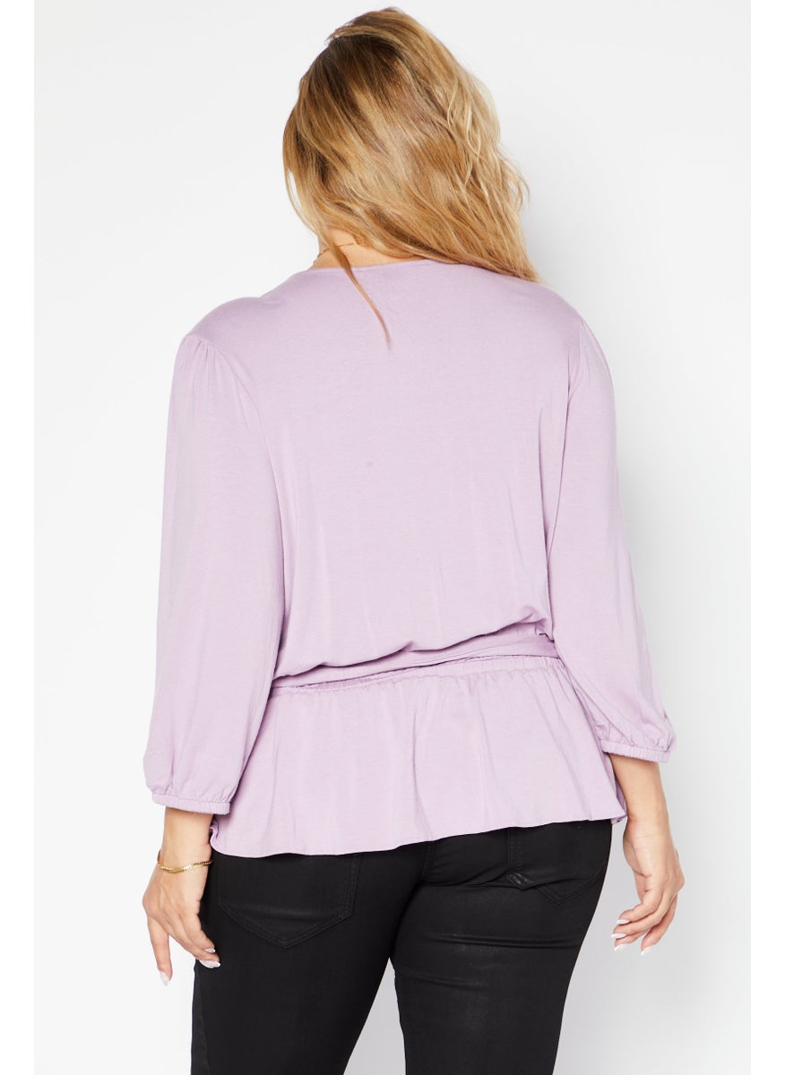 Lauren by Ralph Lauren - Women V-Neck Long Sleeves Plain Blouse, Lavender - Image 1