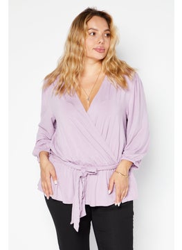Women V-Neck Long Sleeves Plain Blouse, Lavender