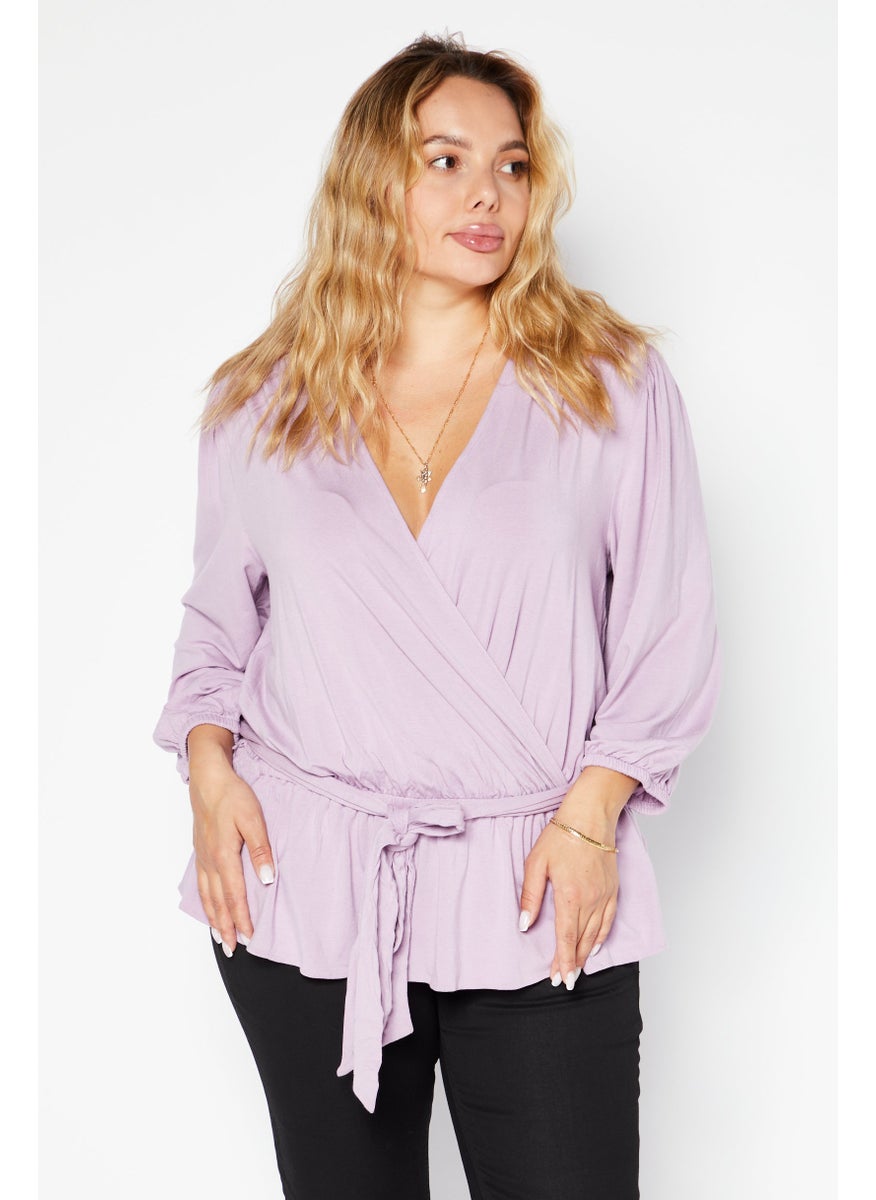 Lauren by Ralph Lauren - Women V-Neck Long Sleeves Plain Blouse, Lavender - Image 1
