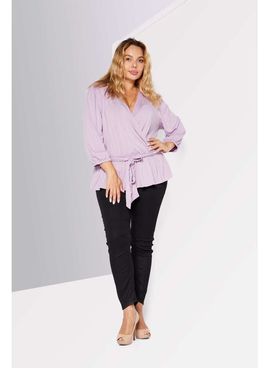 Lauren by Ralph Lauren - Women V-Neck Long Sleeves Plain Blouse, Lavender - Image 1