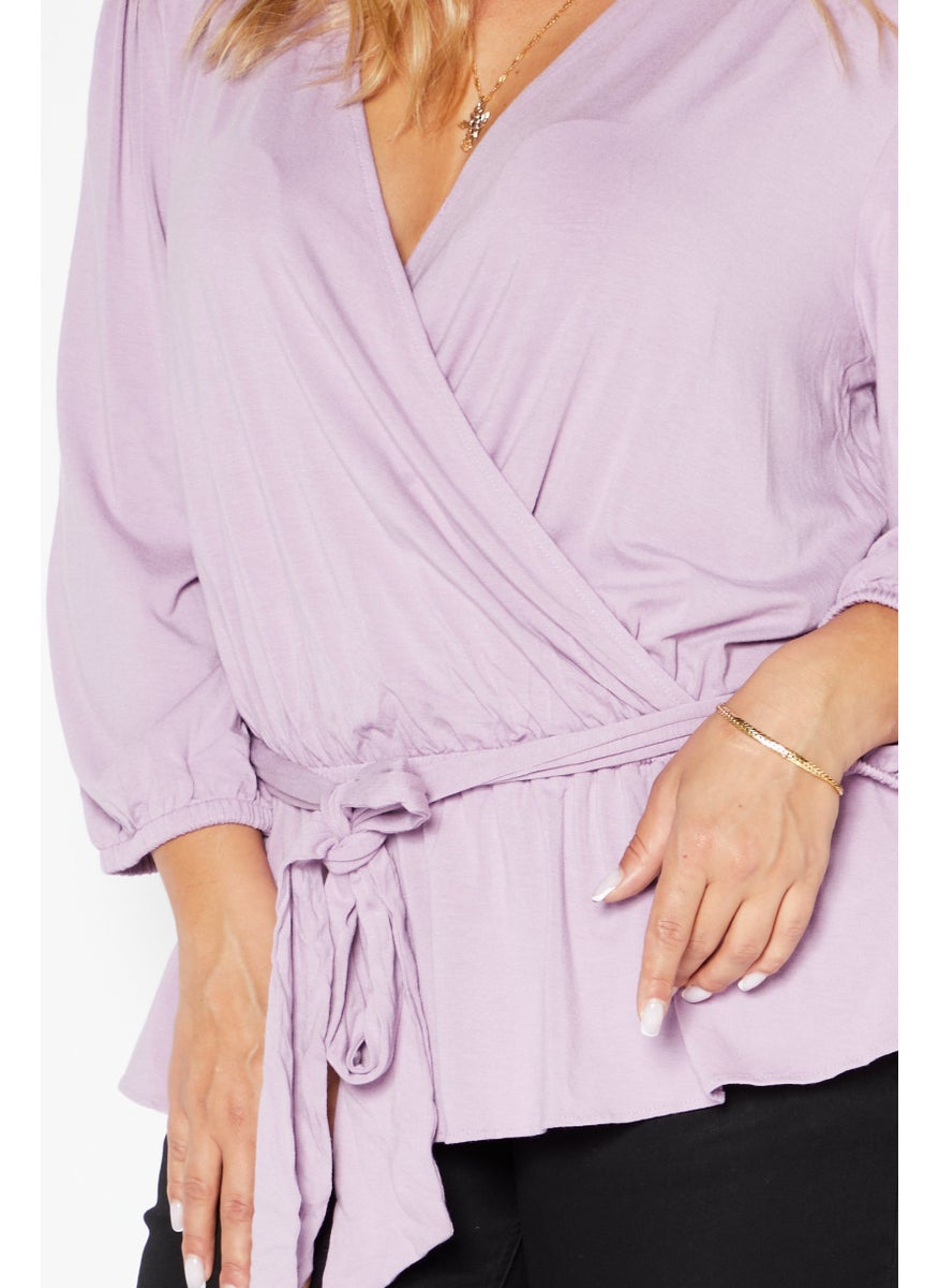 Lauren by Ralph Lauren - Women V-Neck Long Sleeves Plain Blouse, Lavender - Image 1