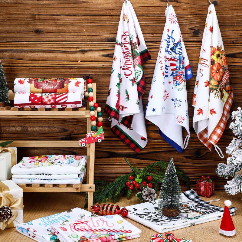 FuWeave مجموعة مناشف مطبخ موسمية 12 قطعة لجميع العطلات مع زهور جرة ميسون - Image 4