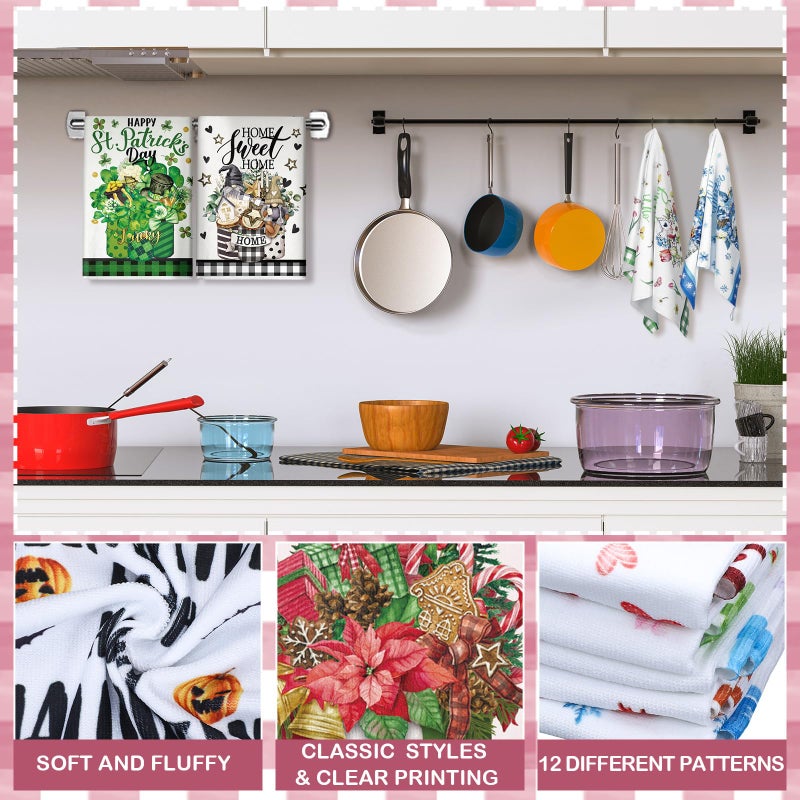 FuWeave مجموعة مناشف مطبخ موسمية 12 قطعة لجميع العطلات مع زهور جرة ميسون - Image 2