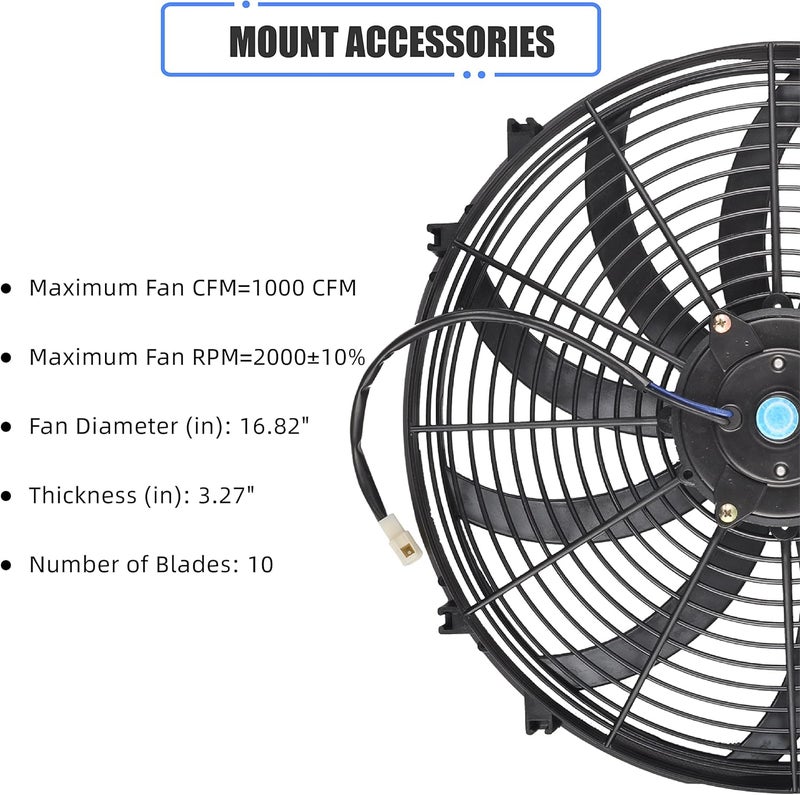 GESEXI 16 Inch Slim Fan Push Pull Electric Radiator Cooling Fan Universal High Performance 12V 120W Motor with Fan Mounting Kit (Black) - Image 2