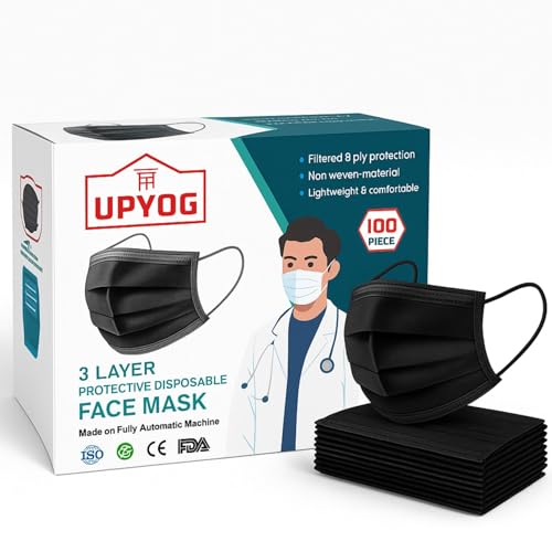 UPYOG 100 PCS 3-Ply Disposable Face Masks | Black Colour | Soft, Breathable & Comfortable | Skin-Friendly, Lightweight, and Easy to Wear Protective Masks - Image 1