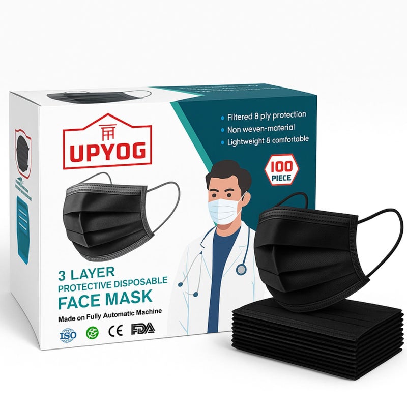 UPYOG 100 PCS 3-Ply Disposable Face Masks | Black Colour | Soft, Breathable & Comfortable | Skin-Friendly, Lightweight, and Easy to Wear Protective Masks - Image 5