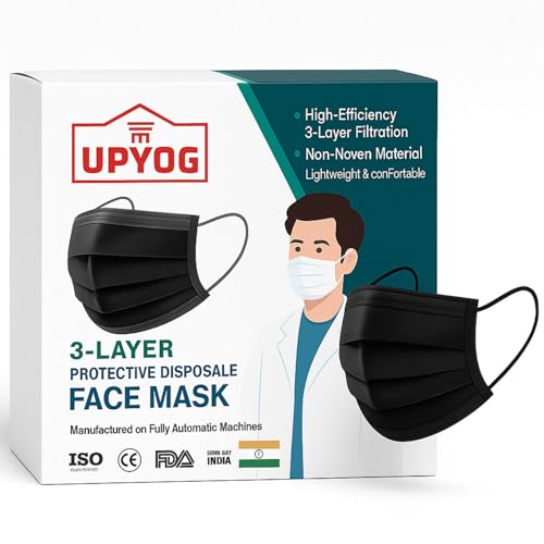 UPYOG 100 PCS 3-Ply Disposable Face Masks | Black Colour | Soft, Breathable & Comfortable | Skin-Friendly, Lightweight, and Easy to Wear Protective Masks - Image 2