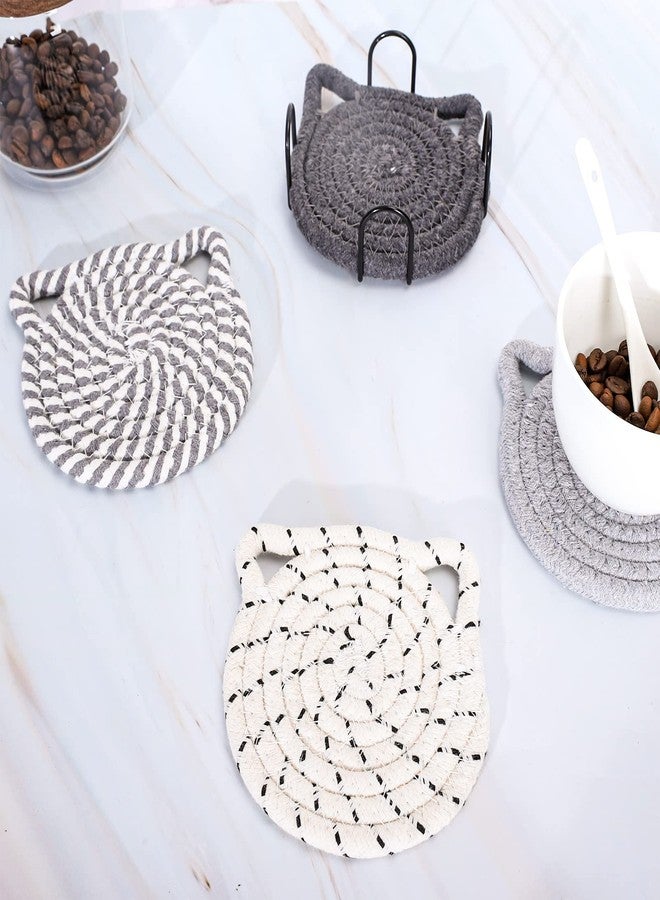 Whaline Christmas Cat Ears Coaster Set Cat Ear Shape Handmade Braided Cotton Coasters White Grey Non-Slip Absorbent Drink Coaster with Holder for Winter Birthday Housewarming Gifts Home Decor, 4Pcs - Image 5