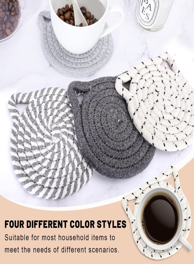 Whaline Christmas Cat Ears Coaster Set Cat Ear Shape Handmade Braided Cotton Coasters White Grey Non-Slip Absorbent Drink Coaster with Holder for Winter Birthday Housewarming Gifts Home Decor, 4Pcs - Image 3