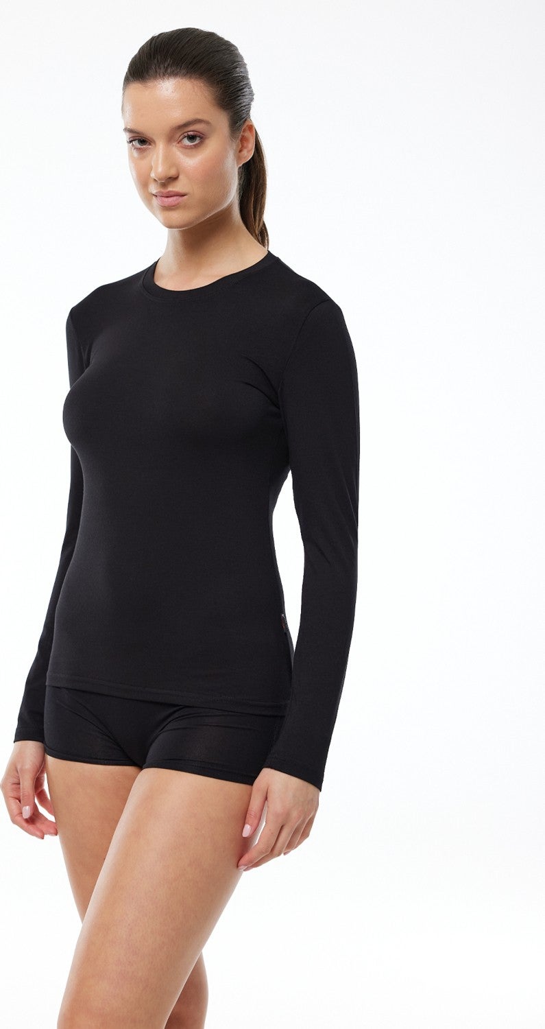 Malabadi Women's Black Round Neck Long Sleeve Modal Bodysuit 182  - Image 2