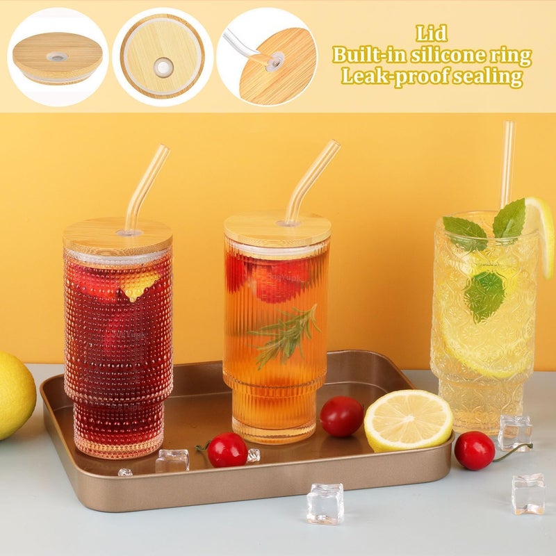GIYANZA Giyanza Drinking Glasses with Bamboo Lids and Glass Straw 450ML Flute Shaped Glass Cups Beer Glass SipperMason Jar Ice Coffee Glasses Cute Tumbler Cup Great for Soda Boba Tea Cocktail - Image 4
