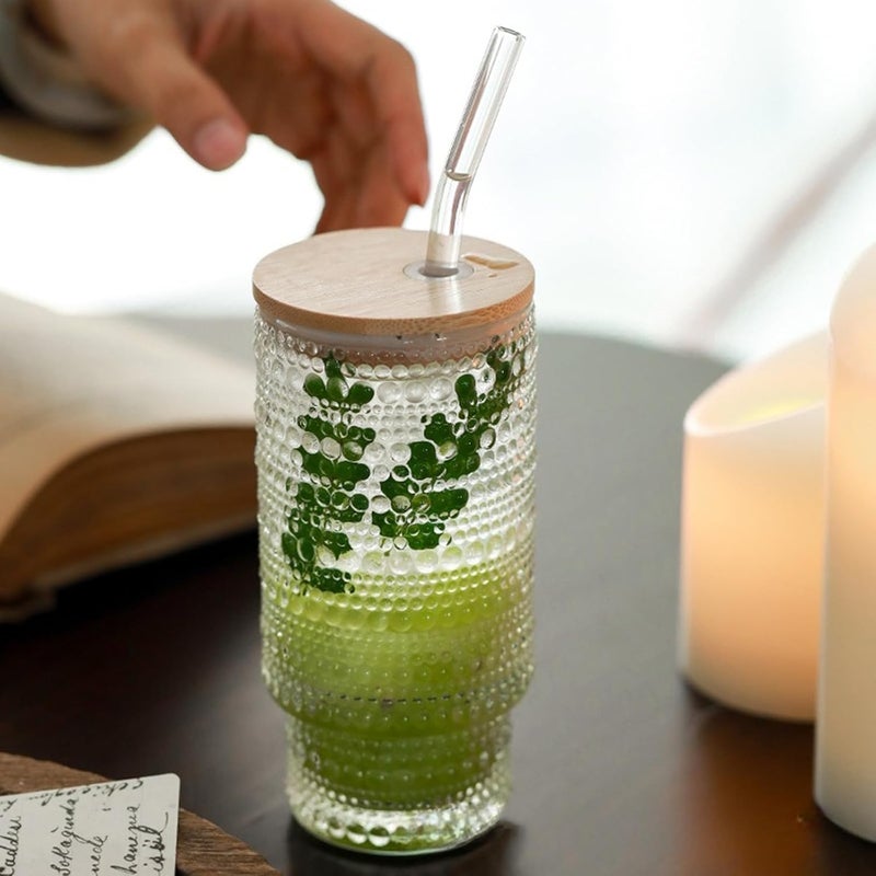 GIYANZA Giyanza Drinking Glasses with Bamboo Lids and Glass Straw 450ML Flute Shaped Glass Cups Beer Glass SipperMason Jar Ice Coffee Glasses Cute Tumbler Cup Great for Soda Boba Tea Cocktail - Image 3