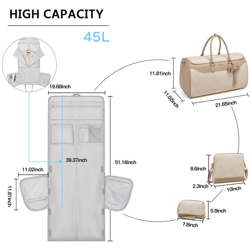Moulyan Garment Bags for Travel,45L Carry on Convertible Garment Duffle bag for Men Women - 3 in 1 Hanging Suit Travel Bag with Shoulder Strap (Beige brown) - Image 3