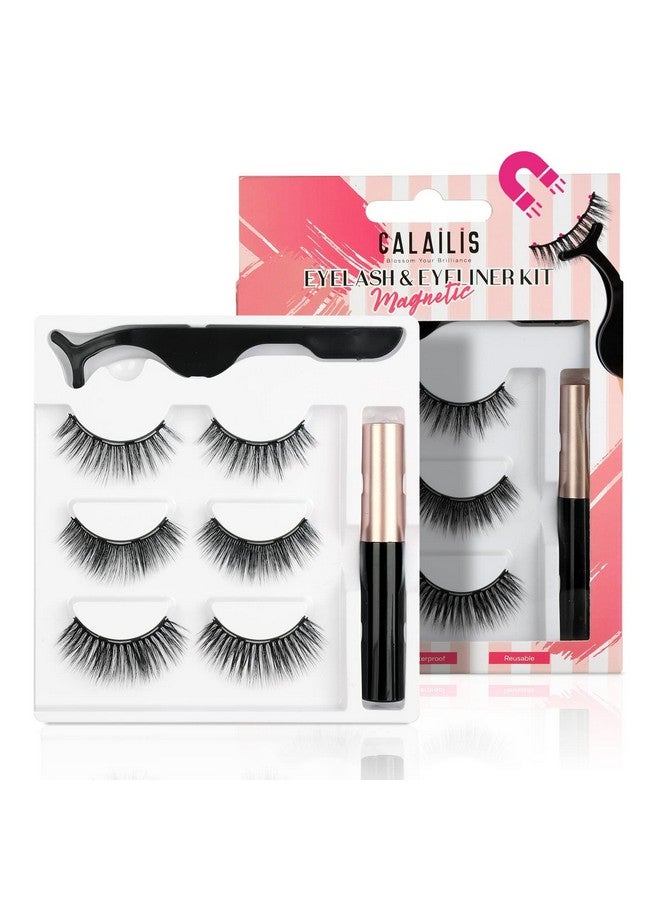 Calailis Magnetic Eyelashes For Women,Natural Reusable Magnet Eyelashes 3 Pairs Eyelashes Magnetic With Tweezers& Waterproof Eyeliner(Cy302) - Image 1