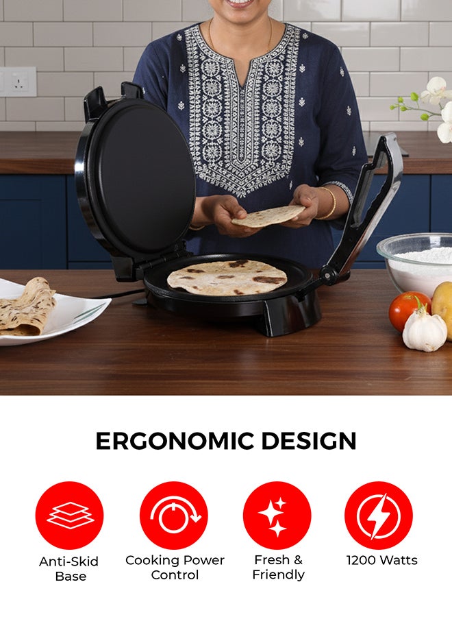 GEEPAS 10" Chapathi Maker With Non-Stick Plates For Easy Food Release Mechanism And Easy Cleaning, Adjustable Temperature| Strong And Sturdy Construction With An Anti-Skid Base| Easy Round Chapathi, Papad, Roti And Puri Maker With Handle 1200 W GCM6125N black - Image 5